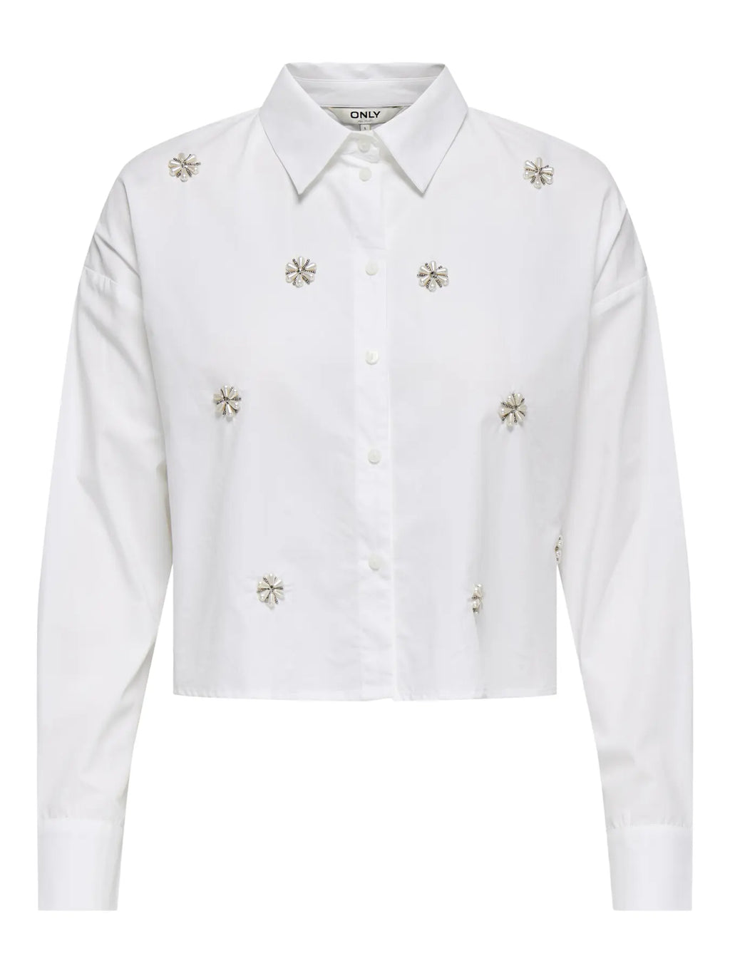 CAMICIA CROPPED CON PERLE A FIORI ONLY