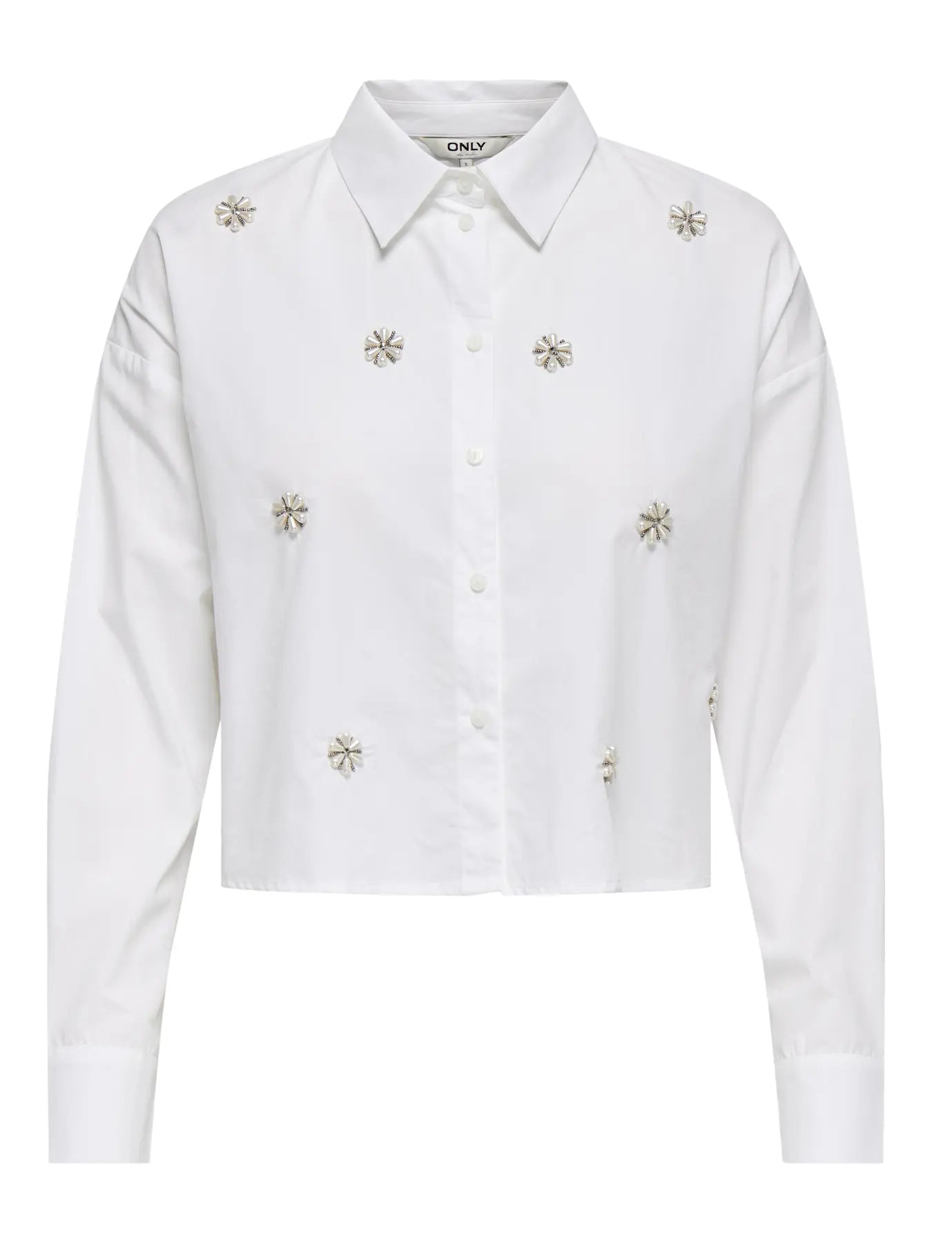 CAMICIA CROPPED CON PERLE A FIORI ONLY