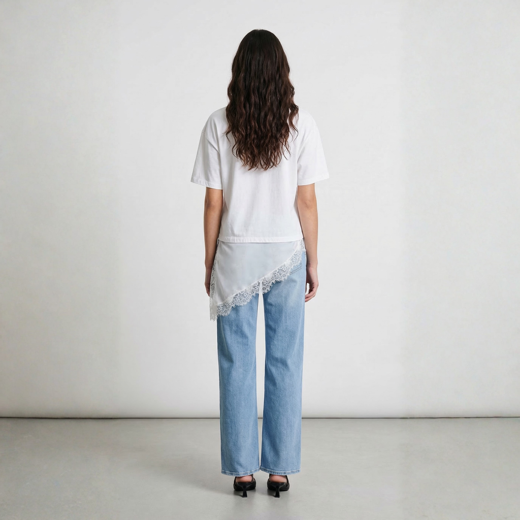 T-SHIRT CON INSERTI IN RASO E PIZZO TWO WAY