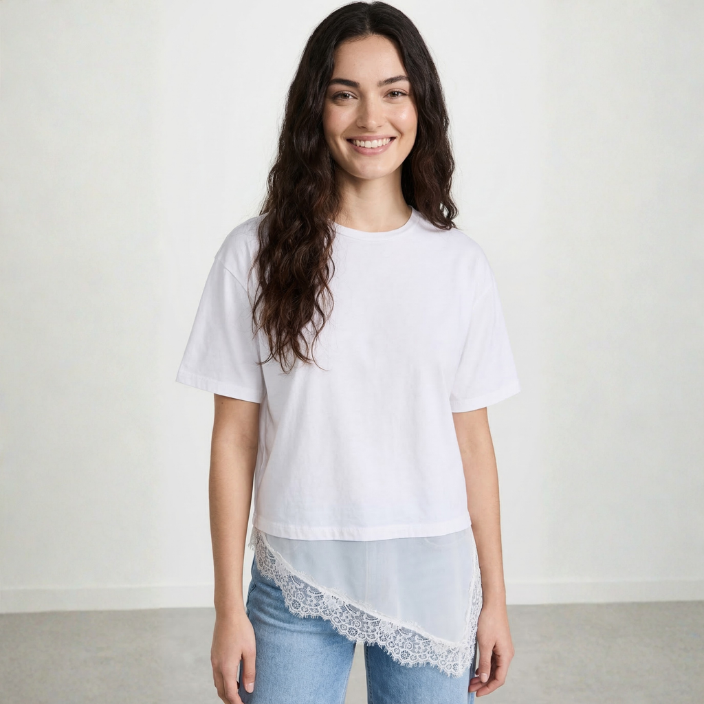 T-SHIRT CON INSERTI IN RASO E PIZZO TWO WAY