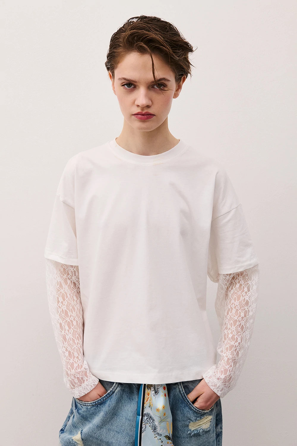T-SHIRT MANICHE IN PIZZO TWO WAY